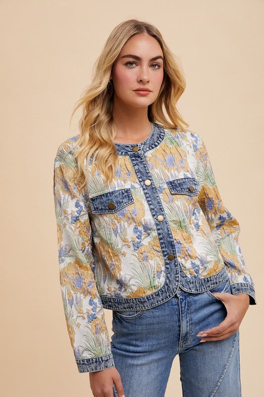 Annie Wear Floral Jacquard Denim Contrast Button Down Jacket-TOPS / DRESSES-[Adult]-[Female]-2022 Online Blue Zone Planet