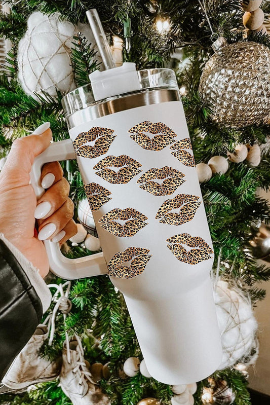 White Valentine Leopard Lips Print Thermos Cup With Straw 40oz-Accessories/Tumblers-[Adult]-[Female]-White-ONE SIZE-2022 Online Blue Zone Planet