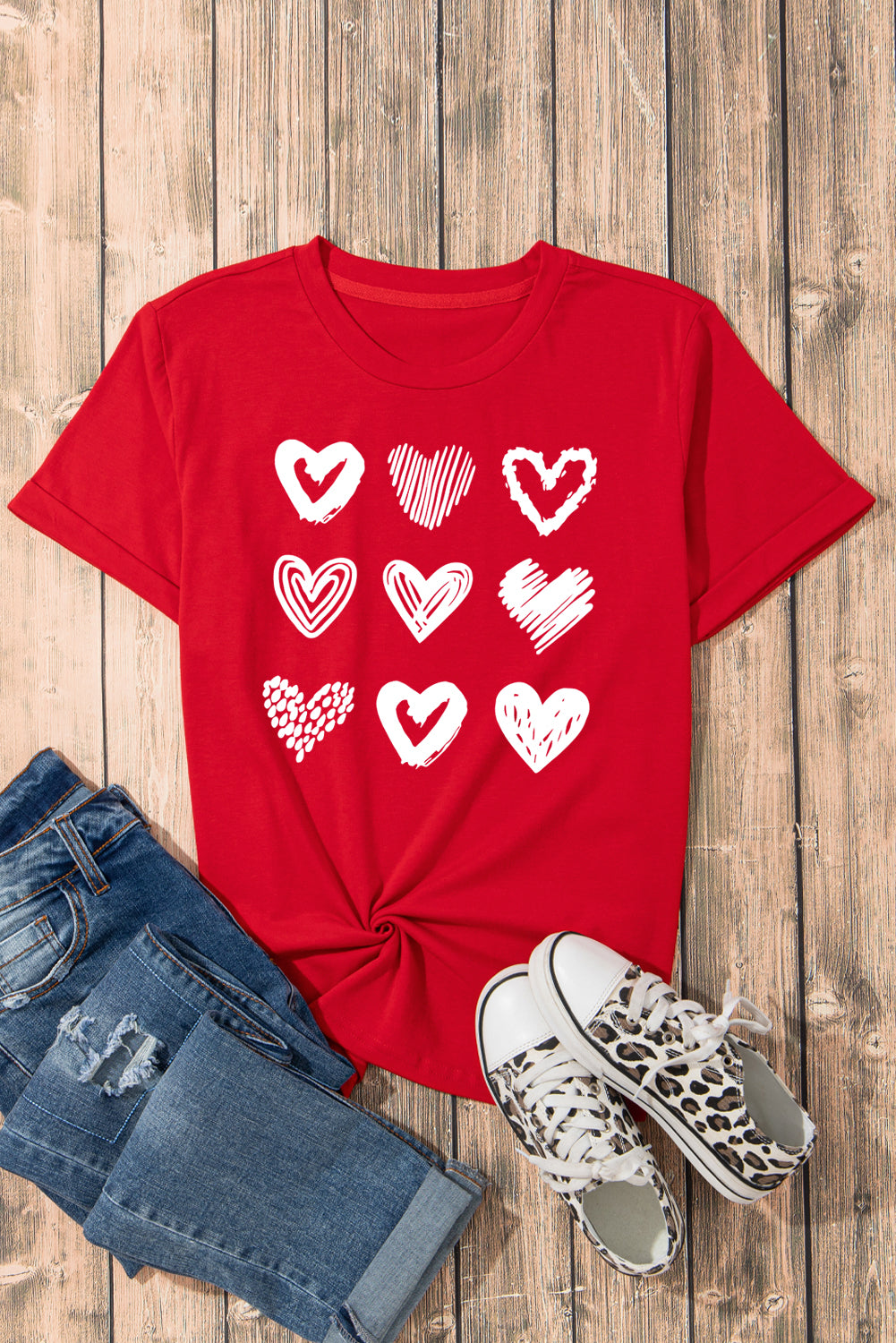 Red Diverse Heart Printed Crewneck Valentines Tee-Graphic Tees-[Adult]-[Female]-2022 Online Blue Zone Planet