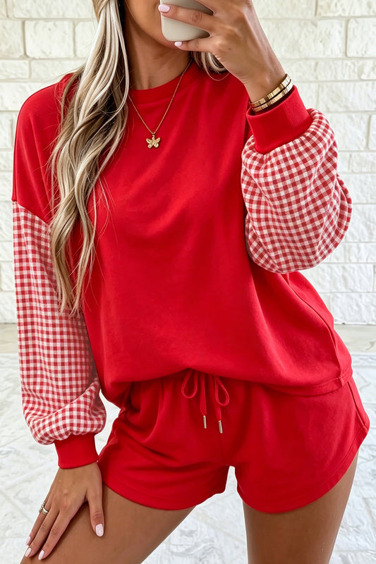 Red Plaid Patchwork Long Sleeve Top Solid Drawstring Shorts Set-Two Piece Sets/Short Sets-[Adult]-[Female]-Red-S-2022 Online Blue Zone Planet