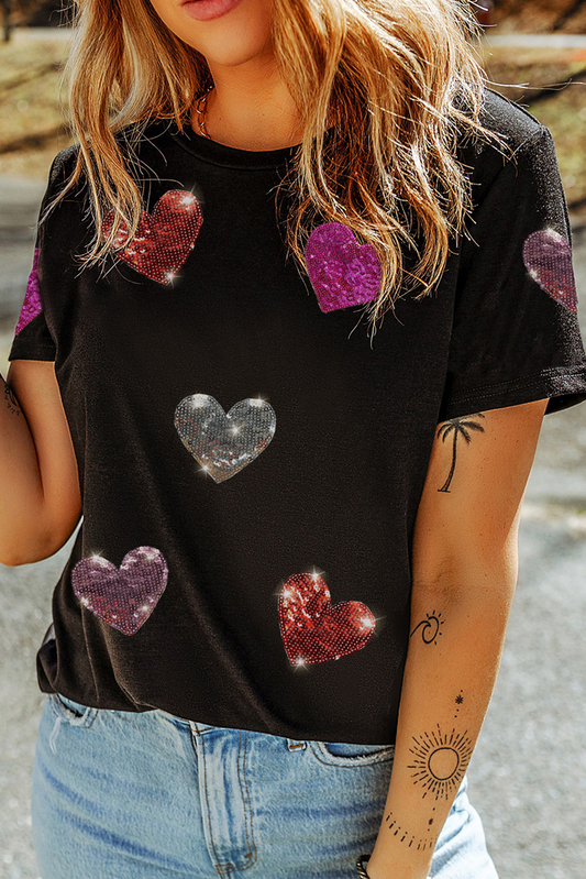 Black Sequin Heart Pattern Crewneck Valentines Tee-Graphic Tees-[Adult]-[Female]-Black-S-2022 Online Blue Zone Planet