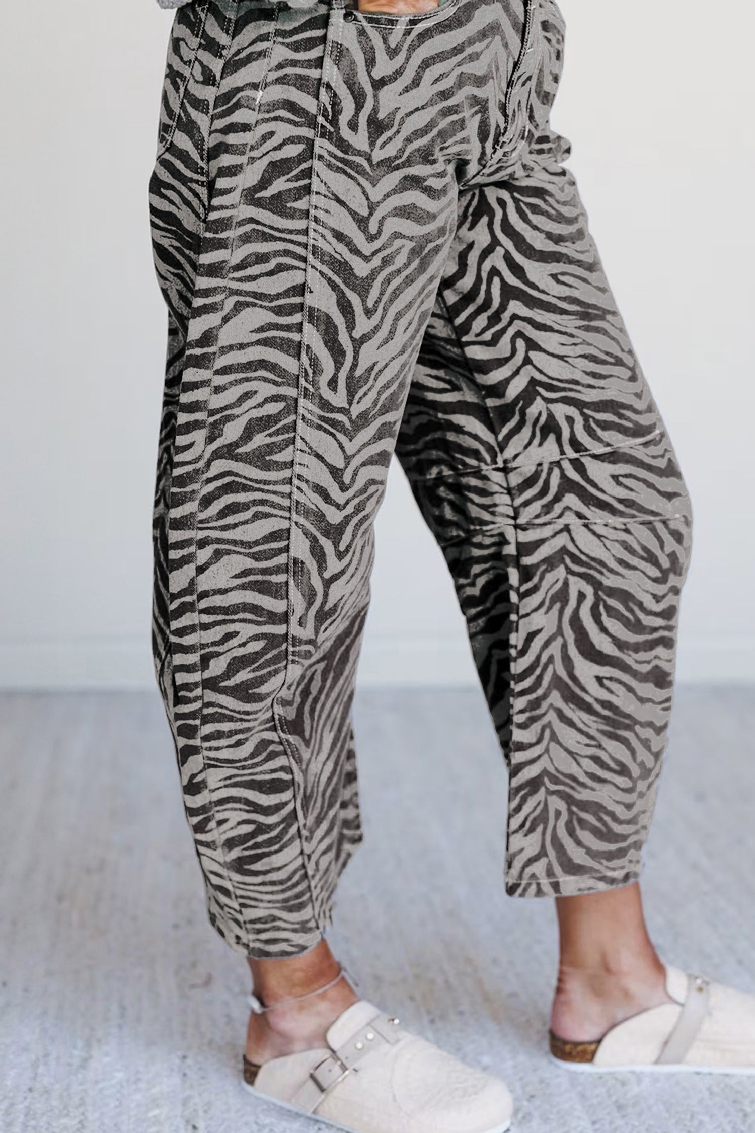 Gray Zebra Stripe Printed Wide Leg Jeans-Bottoms/Jeans-[Adult]-[Female]-2022 Online Blue Zone Planet