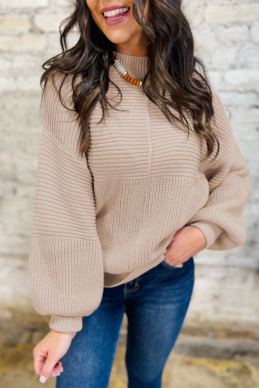 Parchment Mixed Texture Patchwork Knitted Puff Sleeve Sweater-TOPS / DRESSES-[Adult]-[Female]-2022 Online Blue Zone Planet