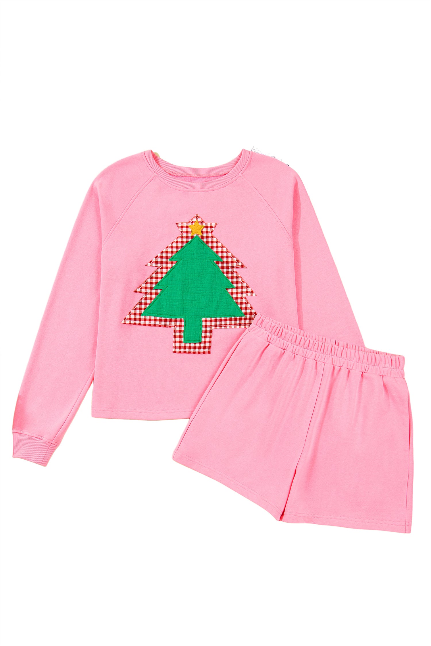 Sachet Pink Plaid Contrasted Double Christmas Tree Patched Raglan Sleeve Pullover 2pcs Short Set-Two Piece Sets/Short Sets-[Adult]-[Female]-2022 Online Blue Zone Planet
