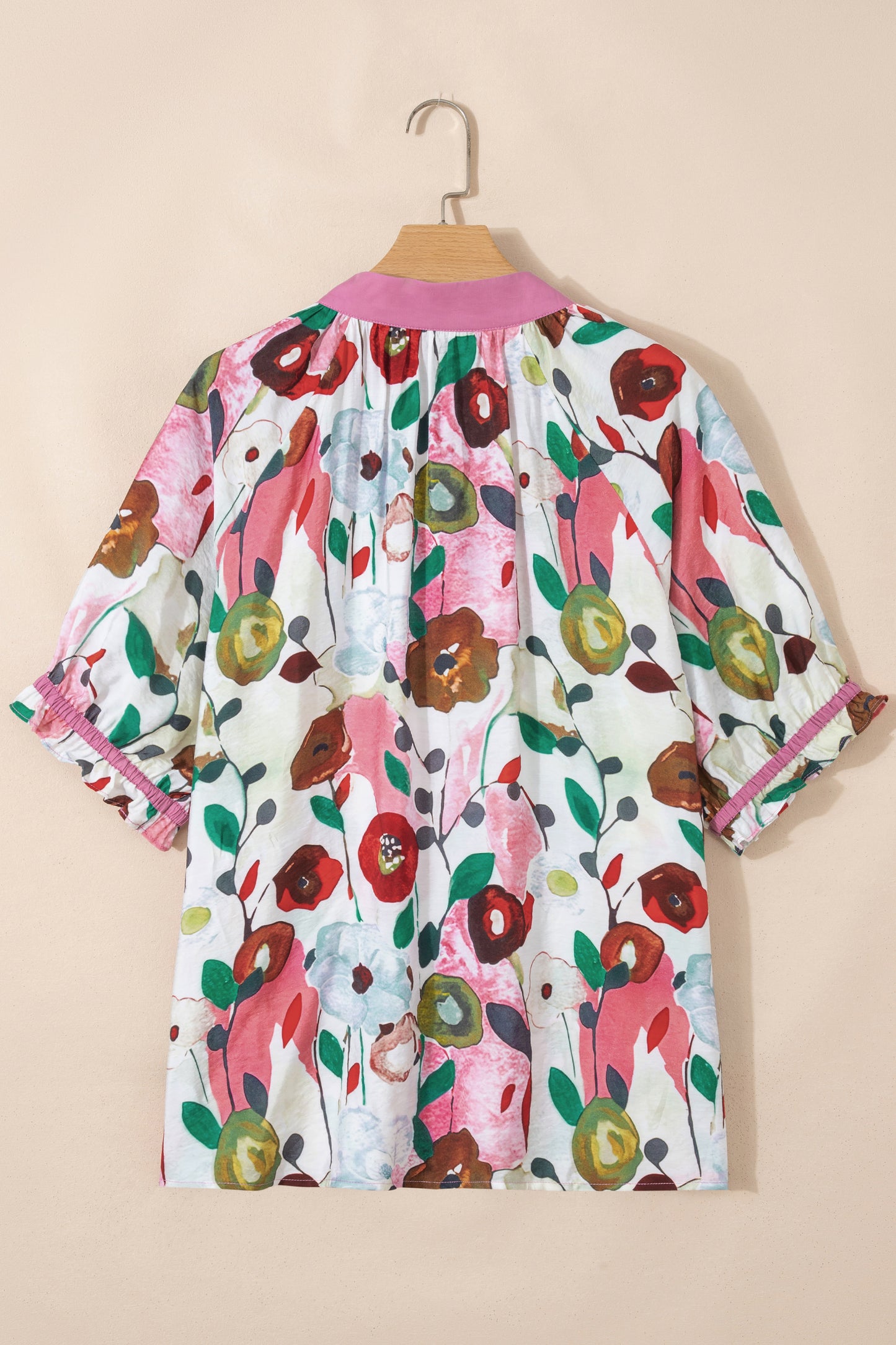 Pink V Neck Short Puff Sleeve Plus Size Floral Blouse