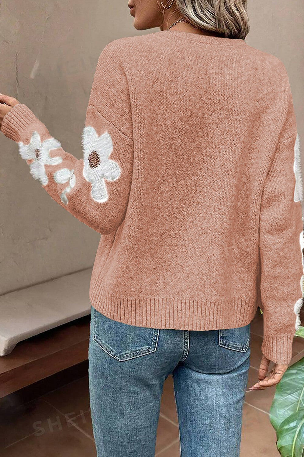 Flower Round Neck Long Sleeve Sweater-TOPS / DRESSES-[Adult]-[Female]-2022 Online Blue Zone Planet