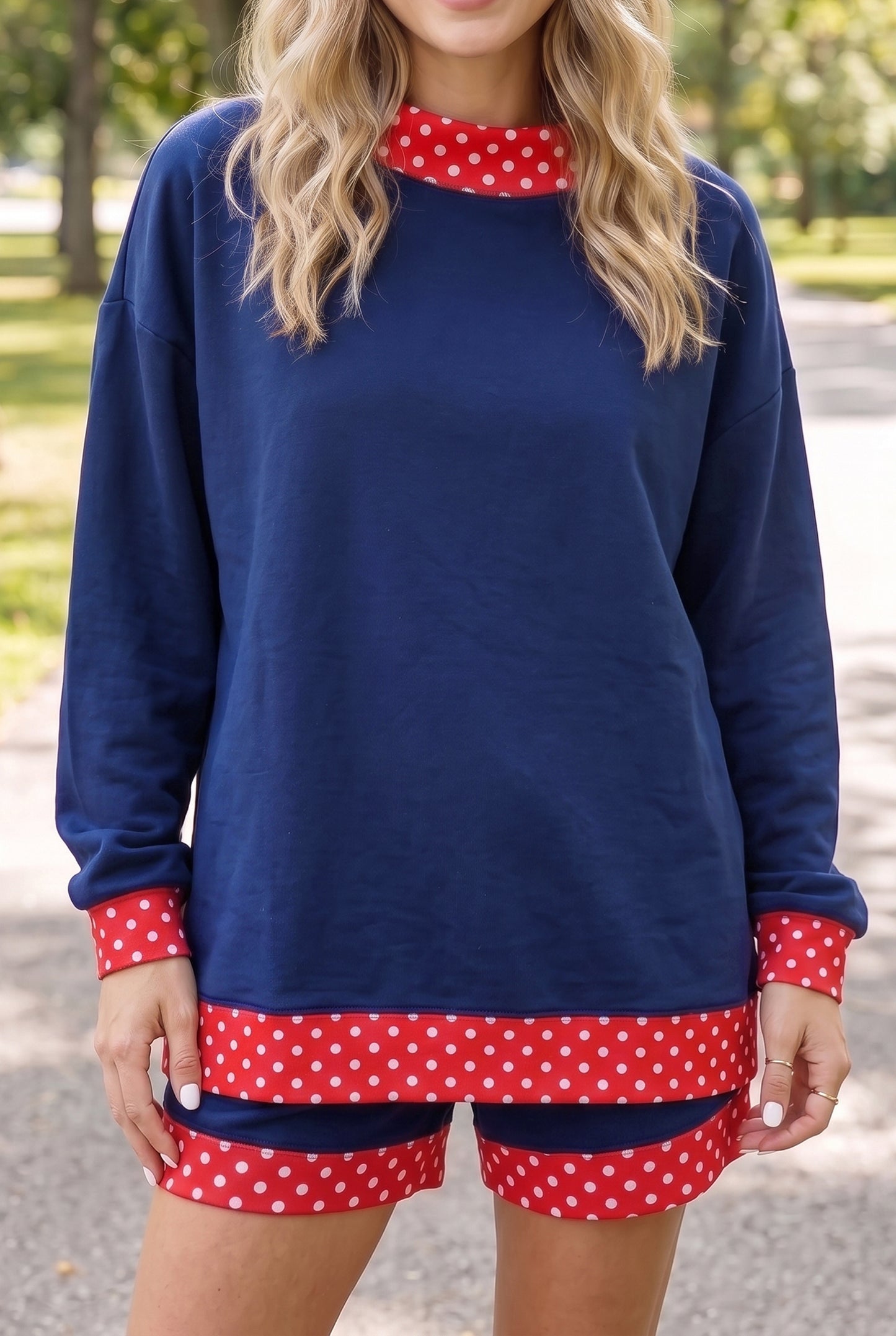 Fiery Red Gingham Trim Baggy Pullover 2pcs Short Set-Two Piece Sets/Short Sets-[Adult]-[Female]-2022 Online Blue Zone Planet