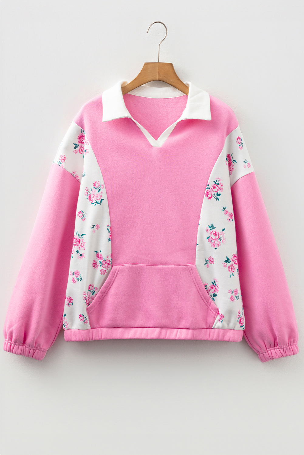 Bonbon Colorblock Polo Collar Floral Patchwork Puff Sleeve Top-Tops/Long Sleeve Tops-[Adult]-[Female]-2022 Online Blue Zone Planet