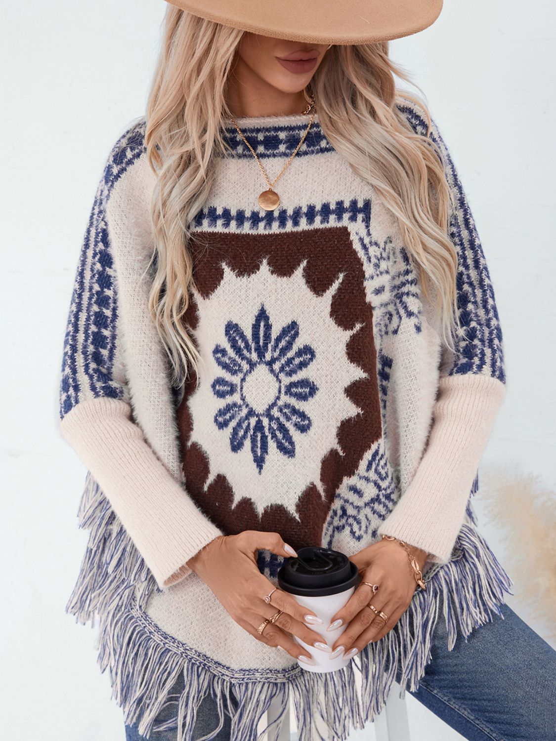 Fringe Geometric Long Sleeve Poncho-TOPS / DRESSES-[Adult]-[Female]-Cream-One Size-2022 Online Blue Zone Planet