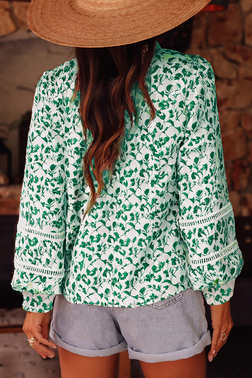 Green Printed Lace Detail Floral Puff Sleeve Fall Shirt-Tops/Blouses & Shirts-[Adult]-[Female]-2022 Online Blue Zone Planet