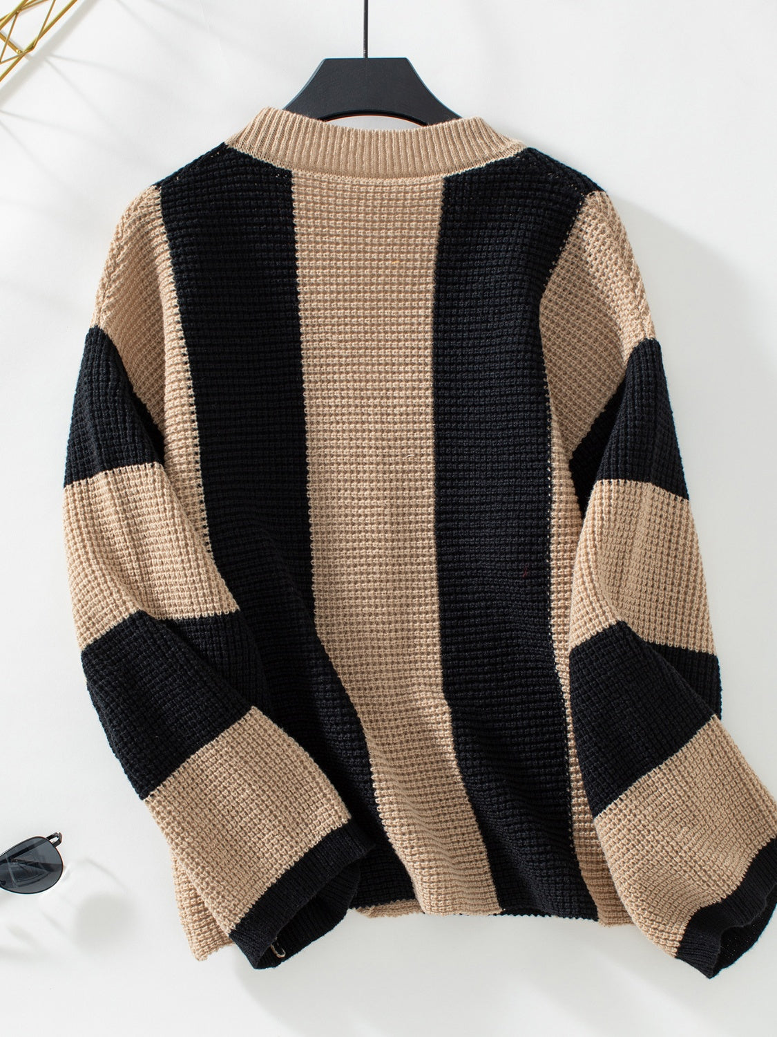 Waffle-Knit V-Neck Striped Long Sleeve Cardigan-TOPS / DRESSES-[Adult]-[Female]-2022 Online Blue Zone Planet