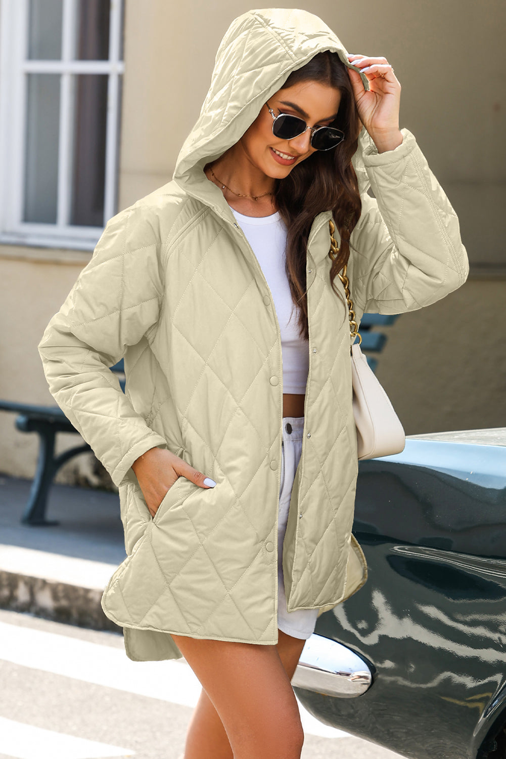 Beige Quilted Snap Button Hooded Coat-Outerwear/Coats-[Adult]-[Female]-2022 Online Blue Zone Planet