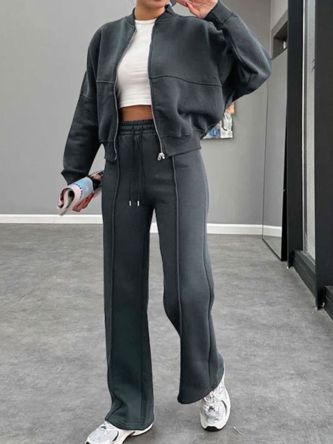 Baseball Collar Zip Up Outerwear and Drawstring Pants Set-TOPS / DRESSES-[Adult]-[Female]-Dark Gray-S-2022 Online Blue Zone Planet