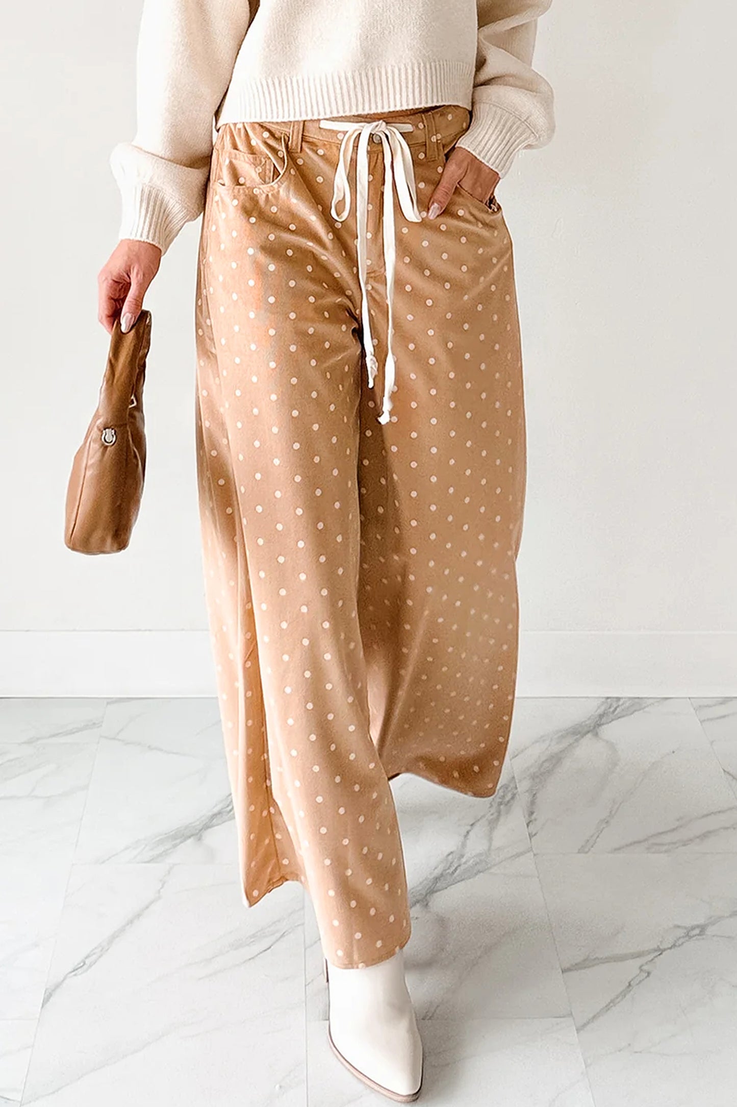Khaki Polka Dot Print Drawstring Wide Leg Pants-Bottoms/Pants & Culotte-[Adult]-[Female]-2022 Online Blue Zone Planet