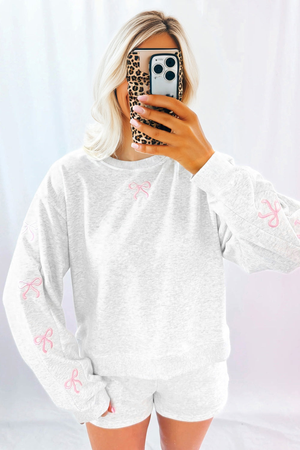 Light Grey Girly Bow Embroidered Detail Puff Sleeve Pullover 2pcs Short Set-Two Piece Sets/Short Sets-[Adult]-[Female]-2022 Online Blue Zone Planet