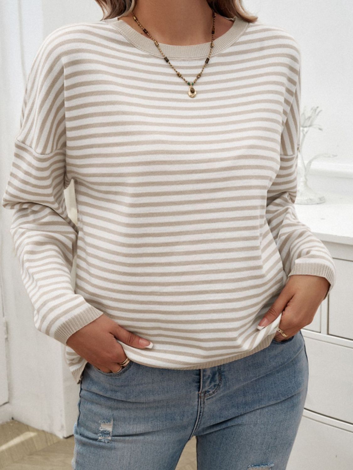 Striped Round Neck Dropped Shoulder Sweater-TOPS / DRESSES-[Adult]-[Female]-2022 Online Blue Zone Planet