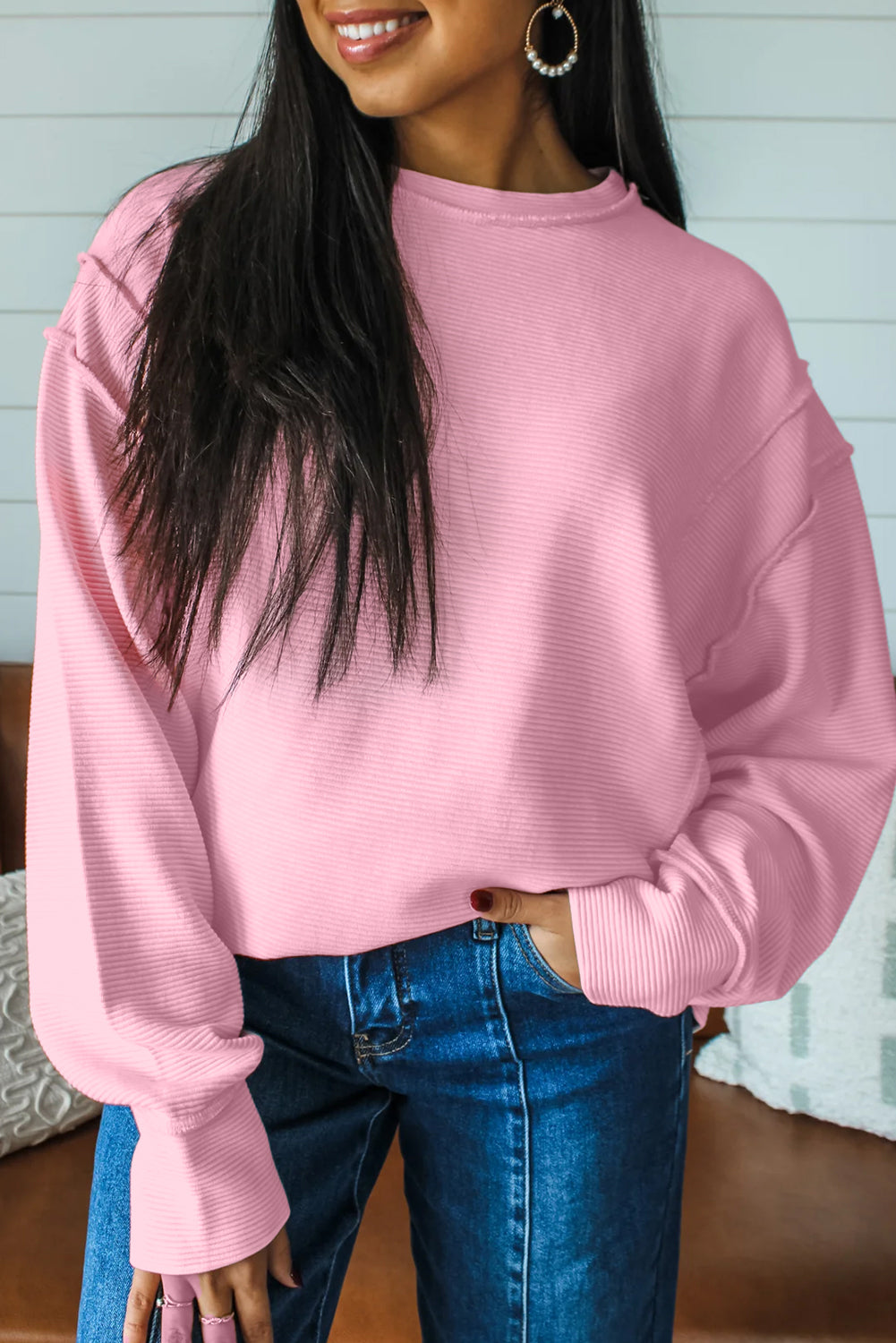 Pink Horizontal Ribbed Exposed Seam Detail Drop Shoulder Baggy Pullover-Tops/Long Sleeve Tops-[Adult]-[Female]-Pink-S-2022 Online Blue Zone Planet