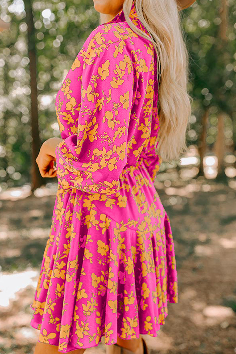 Pink Floral Print Drawstring Tunic Flowy Short Dress-Dresses/Floral Dresses-[Adult]-[Female]-2022 Online Blue Zone Planet