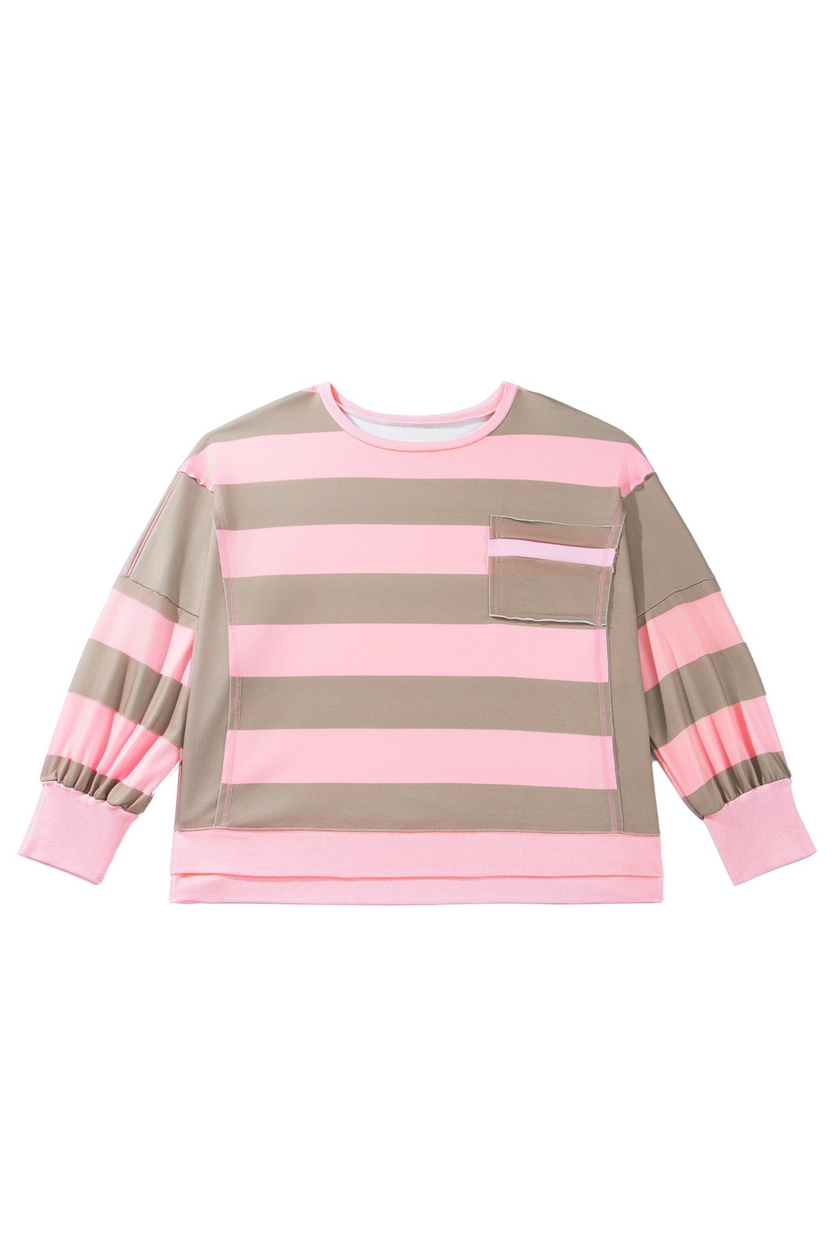 Pink Stripe Raw Seam Patchwork Drop Shoulder Plus Size Sweatshirt
