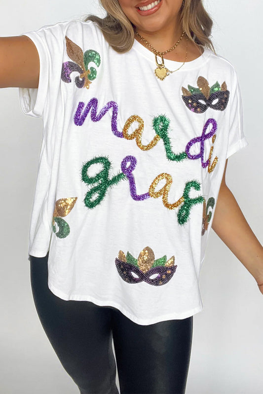 White Mardi Gras Tinsel Sequin Graphic T Shirt-Graphic/Graphic Tees-[Adult]-[Female]-White-S-2022 Online Blue Zone Planet