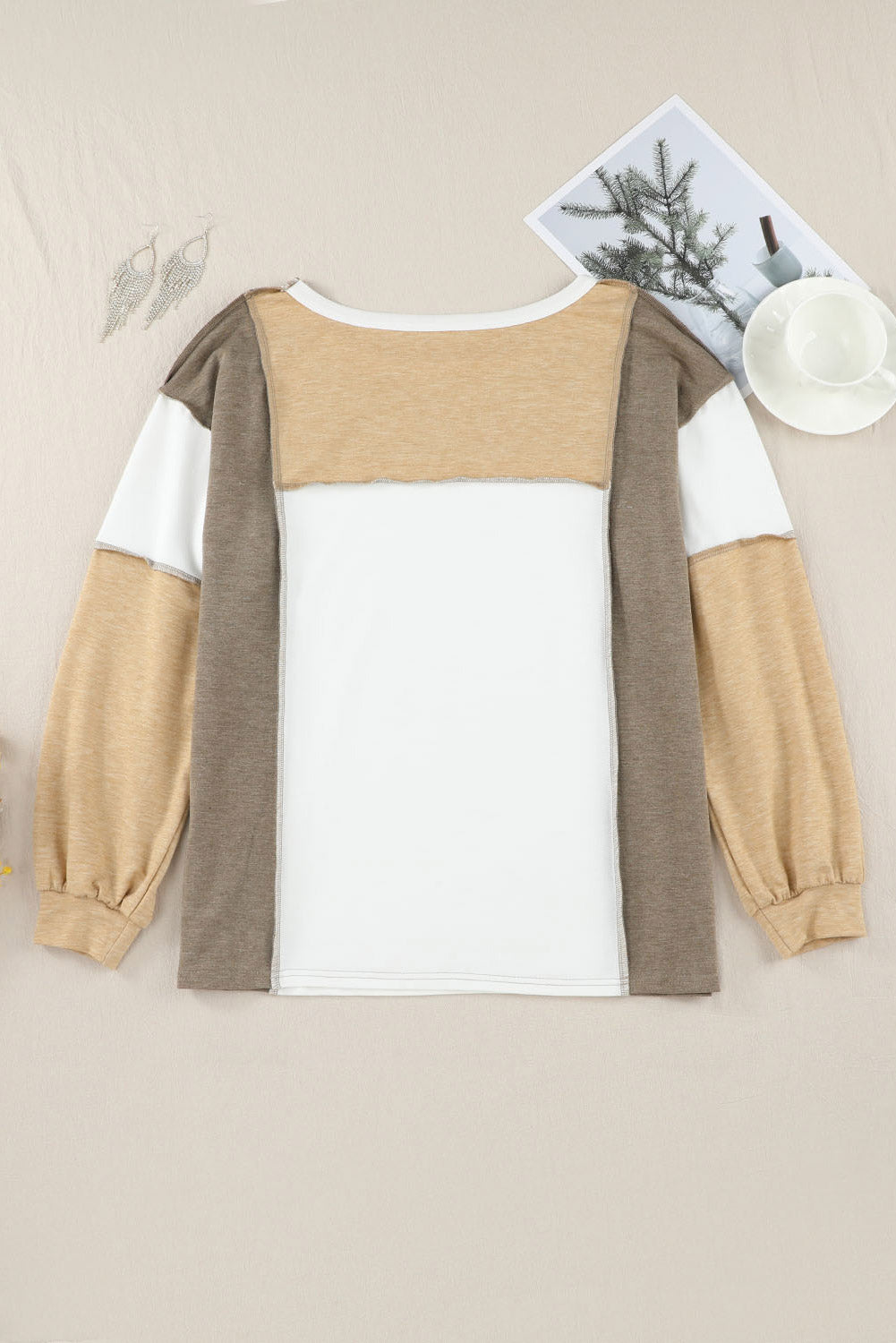 Blue Zone Planet | Exposed Seam Contrast Round Neck Long Sleeve Top-TOPS / DRESSES-[Adult]-[Female]-2022 Online Blue Zone Planet
