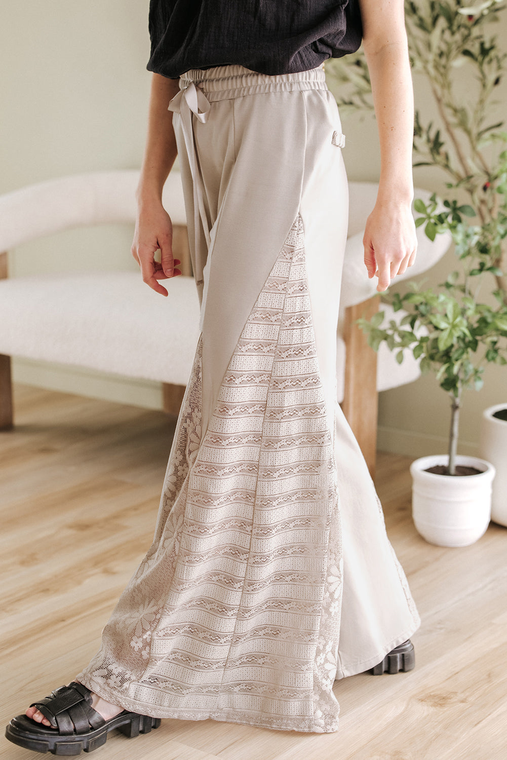 Blue Zone Planet | Smoke Gray Boho Lace Patchwork Wide Leg High Waist Pants-Bottoms/Pants & Culotte-[Adult]-[Female]-2022 Online Blue Zone Planet