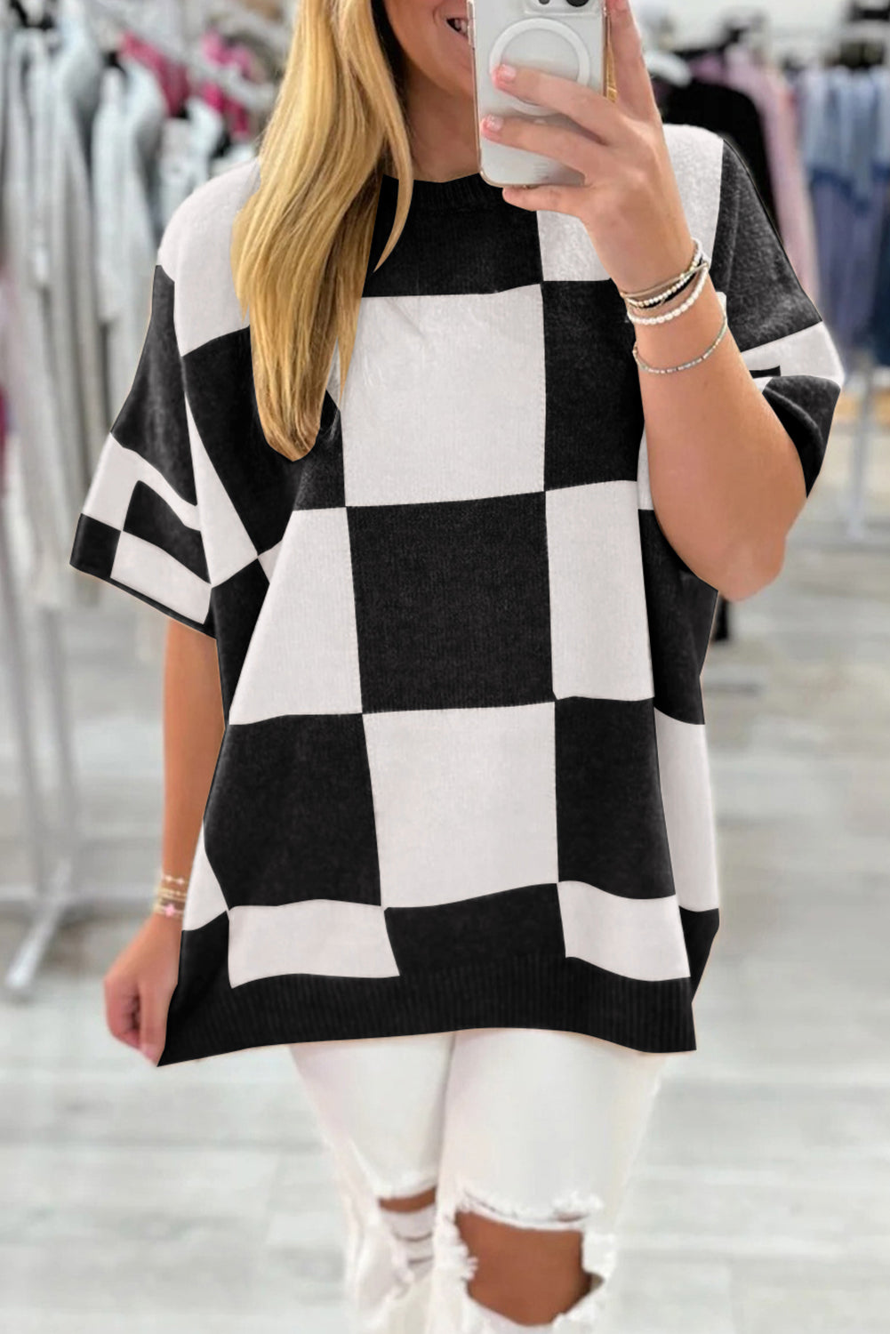 Black Checkered Pattern Loose Drop Shoulder Half Sleeve Sweater-TOPS / DRESSES-[Adult]-[Female]-Black-S-2022 Online Blue Zone Planet