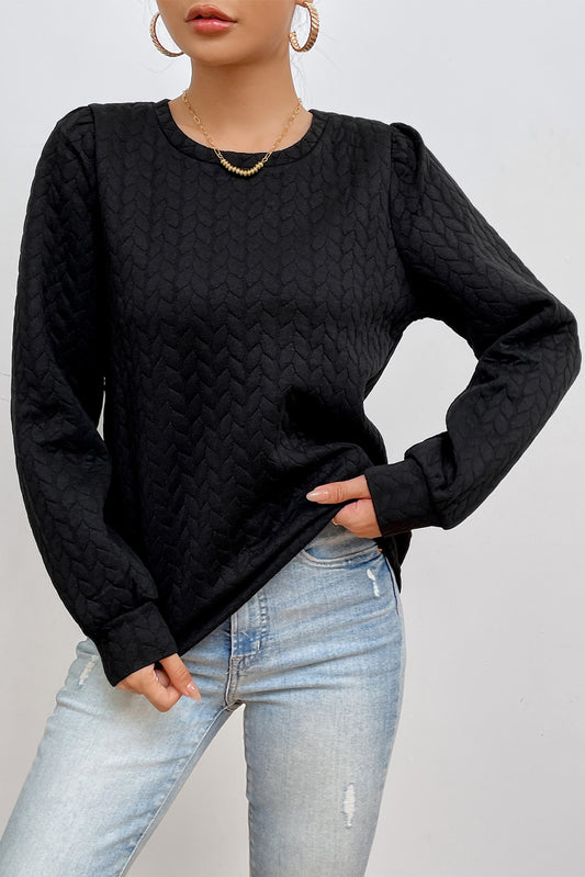 Texture Round Neck Long Sleeve Sweatshirt-TOPS / DRESSES-[Adult]-[Female]-Black-S-2022 Online Blue Zone Planet