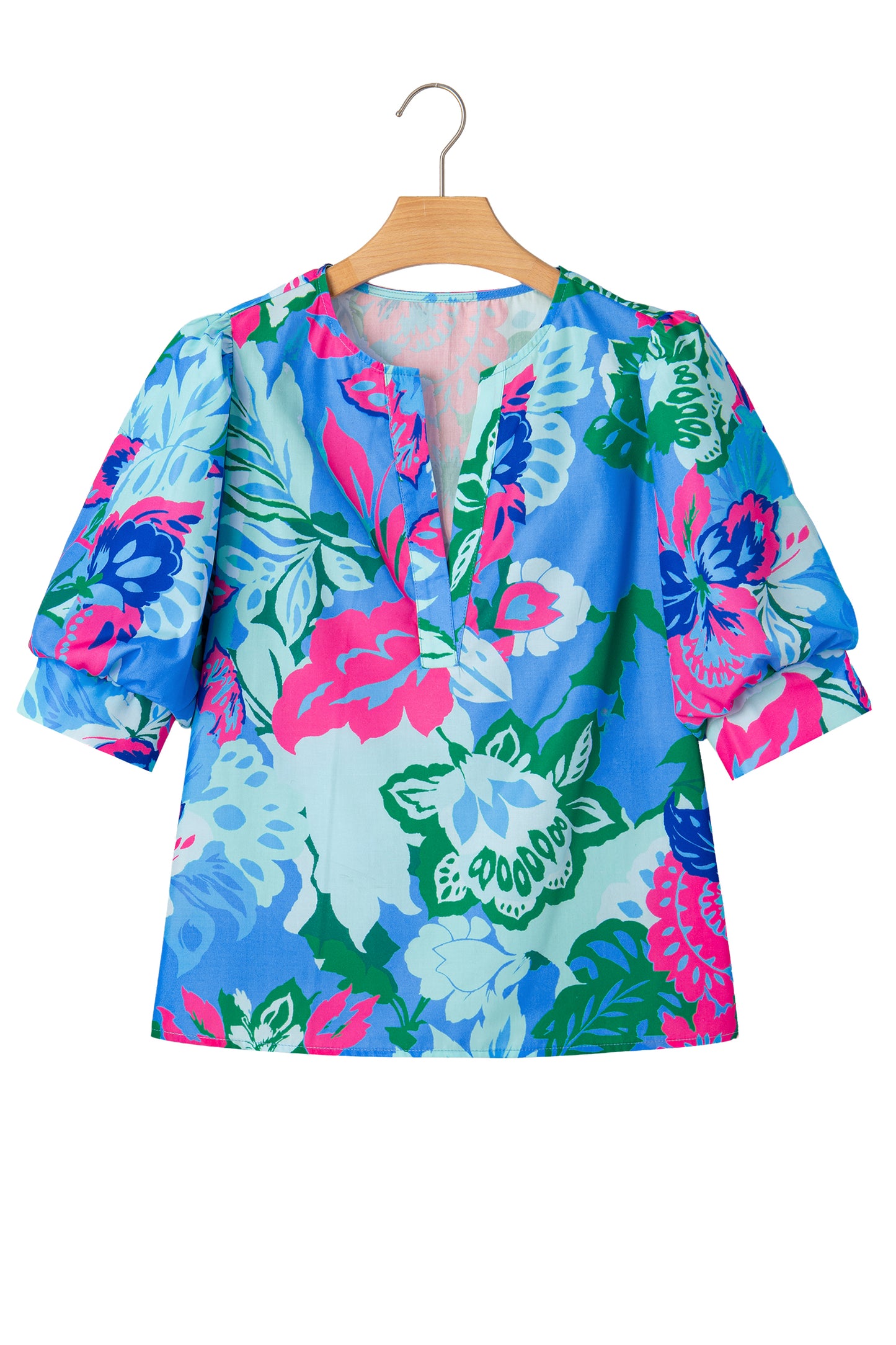 Sky Blue Floral Print V Neck Half Sleeve Blouse-Tops/Blouses & Shirts-[Adult]-[Female]-2022 Online Blue Zone Planet