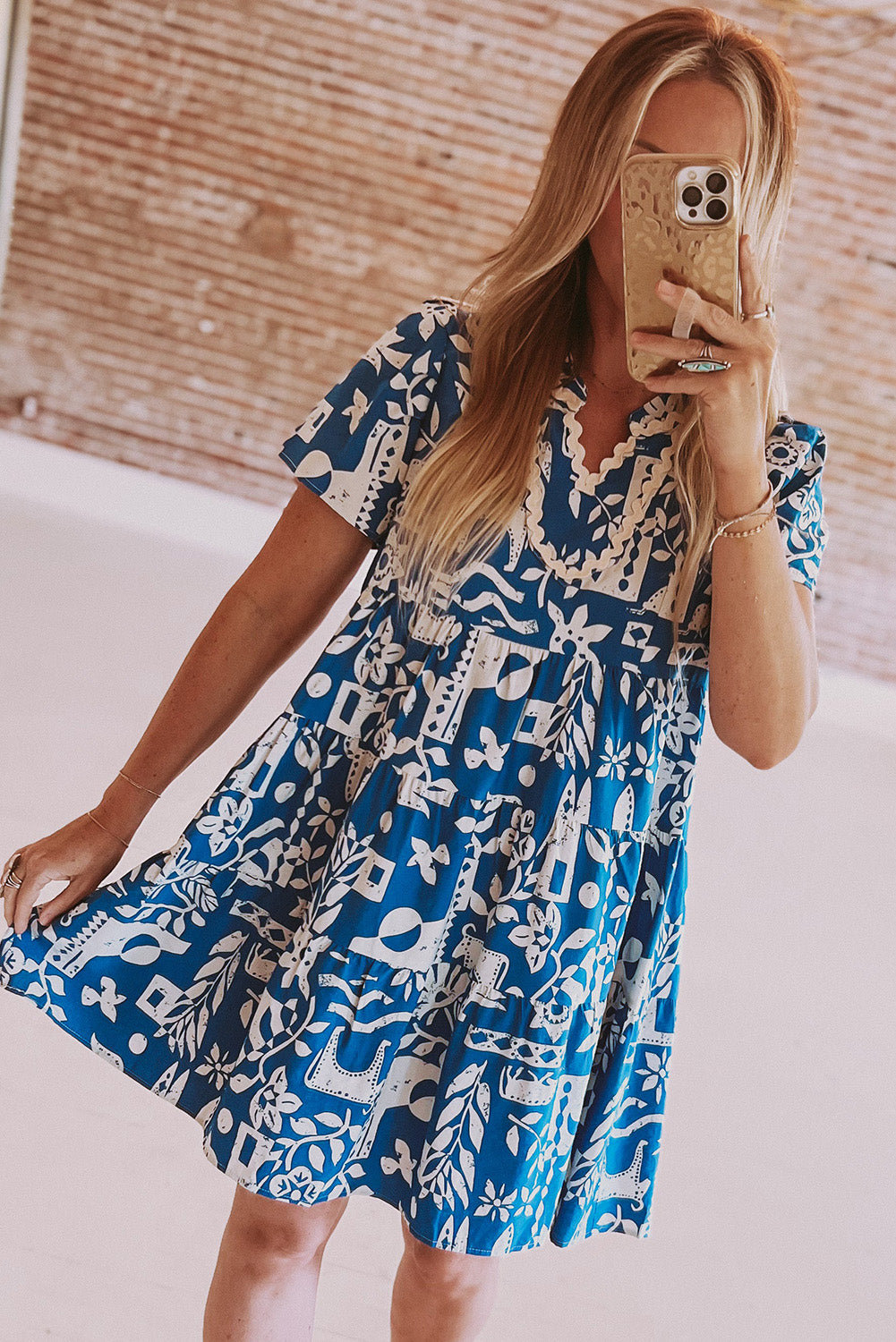 Blue Ricrac Trim Split Neck Floral Loose Dress Blue Zone Planet