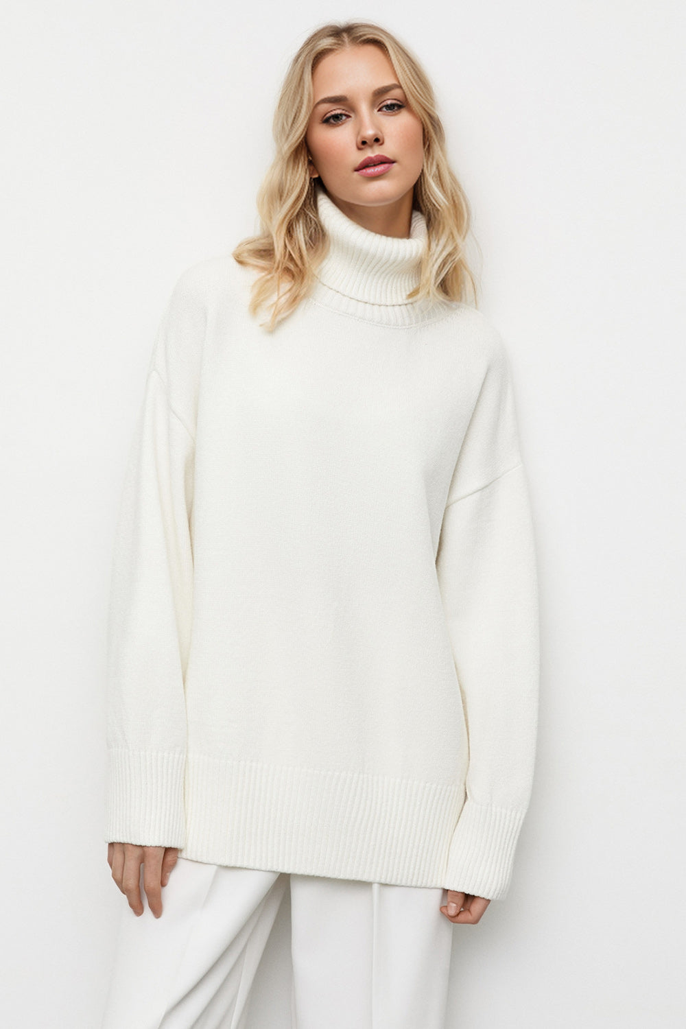 Basic Bae Turtleneck Dropped Shoulder Long Sleeve Sweater-TOPS / DRESSES-[Adult]-[Female]-White-One Size-2022 Online Blue Zone Planet