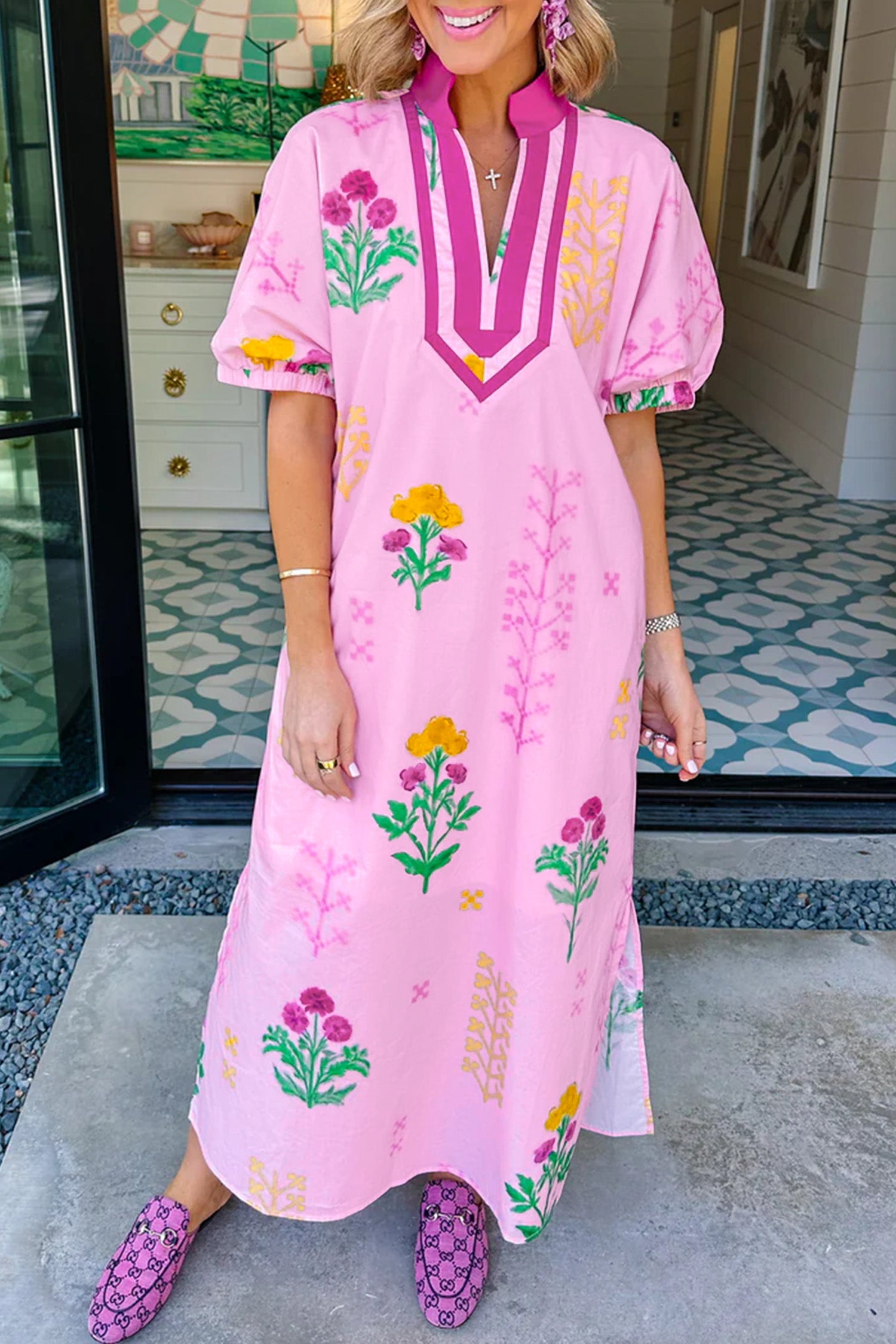 Pink Floral Print Short Sleeve Colorblcok Trim V Neck Midi Dress-Dresses/Floral Dresses-[Adult]-[Female]-Pink-S-2022 Online Blue Zone Planet