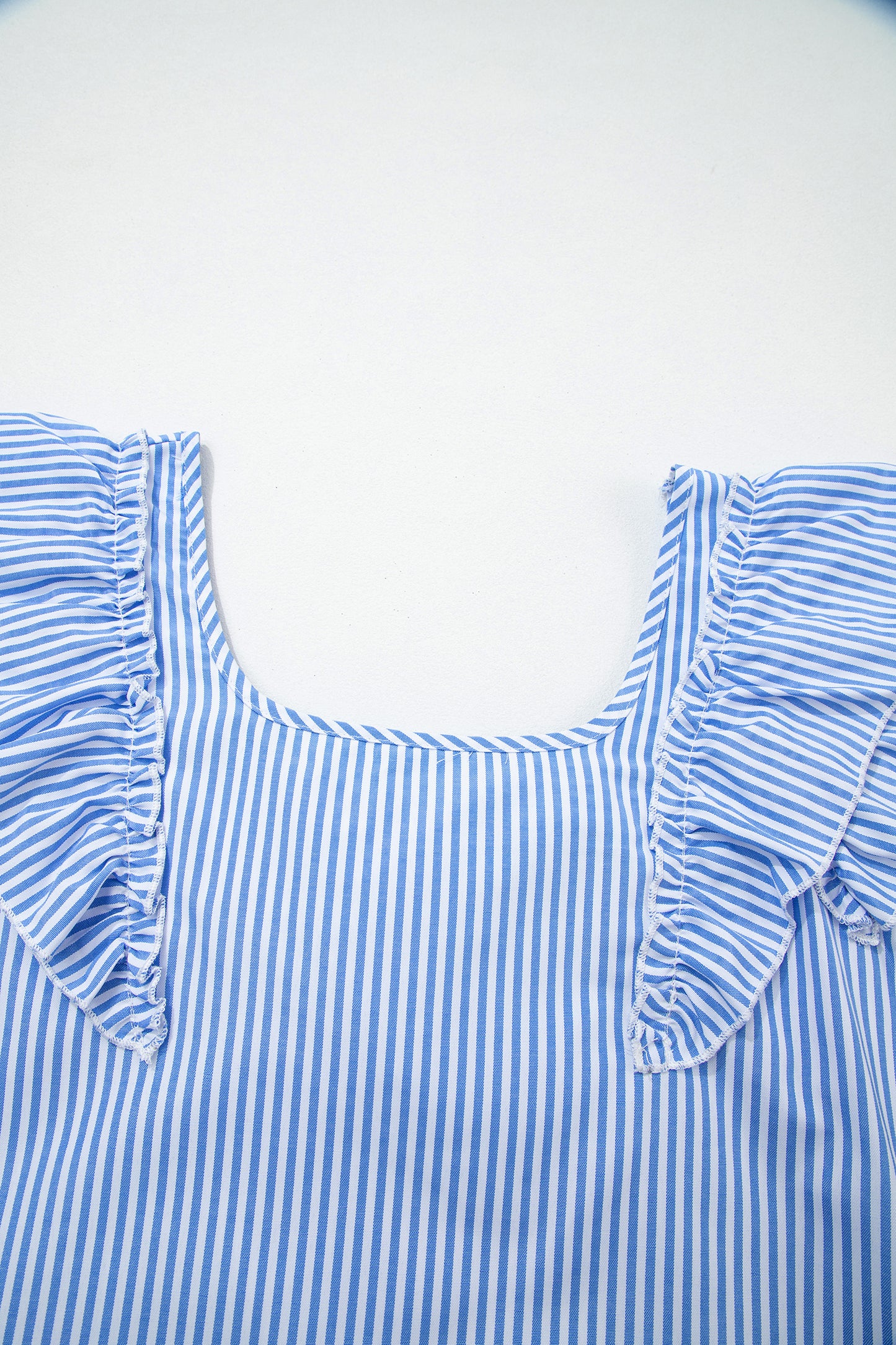 Sky Blue Stripe Square Neck Bow Decor Frilly Ruffled Short Sleeve Blouse-Tops/Blouses & Shirts-[Adult]-[Female]-2022 Online Blue Zone Planet