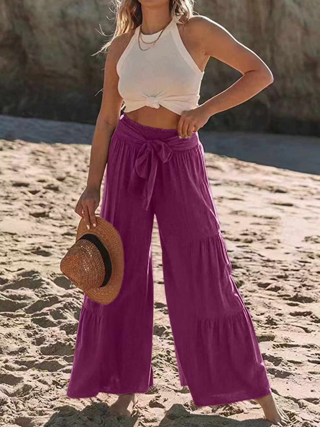 Tied Ruched Wide Leg Pants-BOTTOMS SIZES SMALL MEDIUM LARGE-[Adult]-[Female]-Deep Purple-S-2022 Online Blue Zone Planet