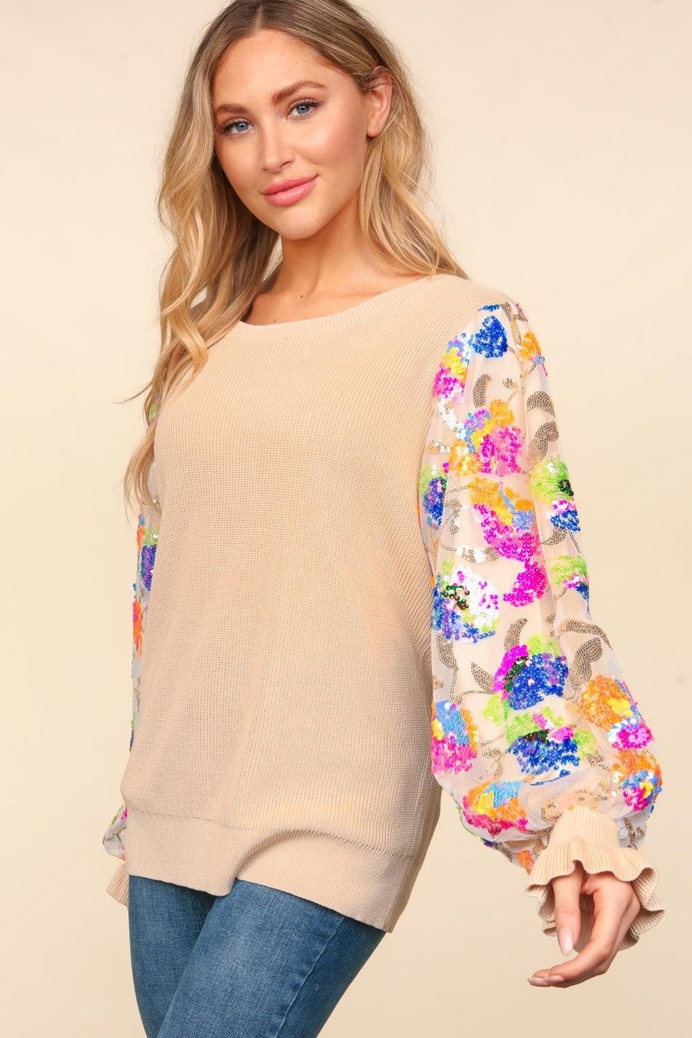 Haptics Floral Sequins Mesh Flounce Sleeve Sweater-TOPS / DRESSES-[Adult]-[Female]-2022 Online Blue Zone Planet