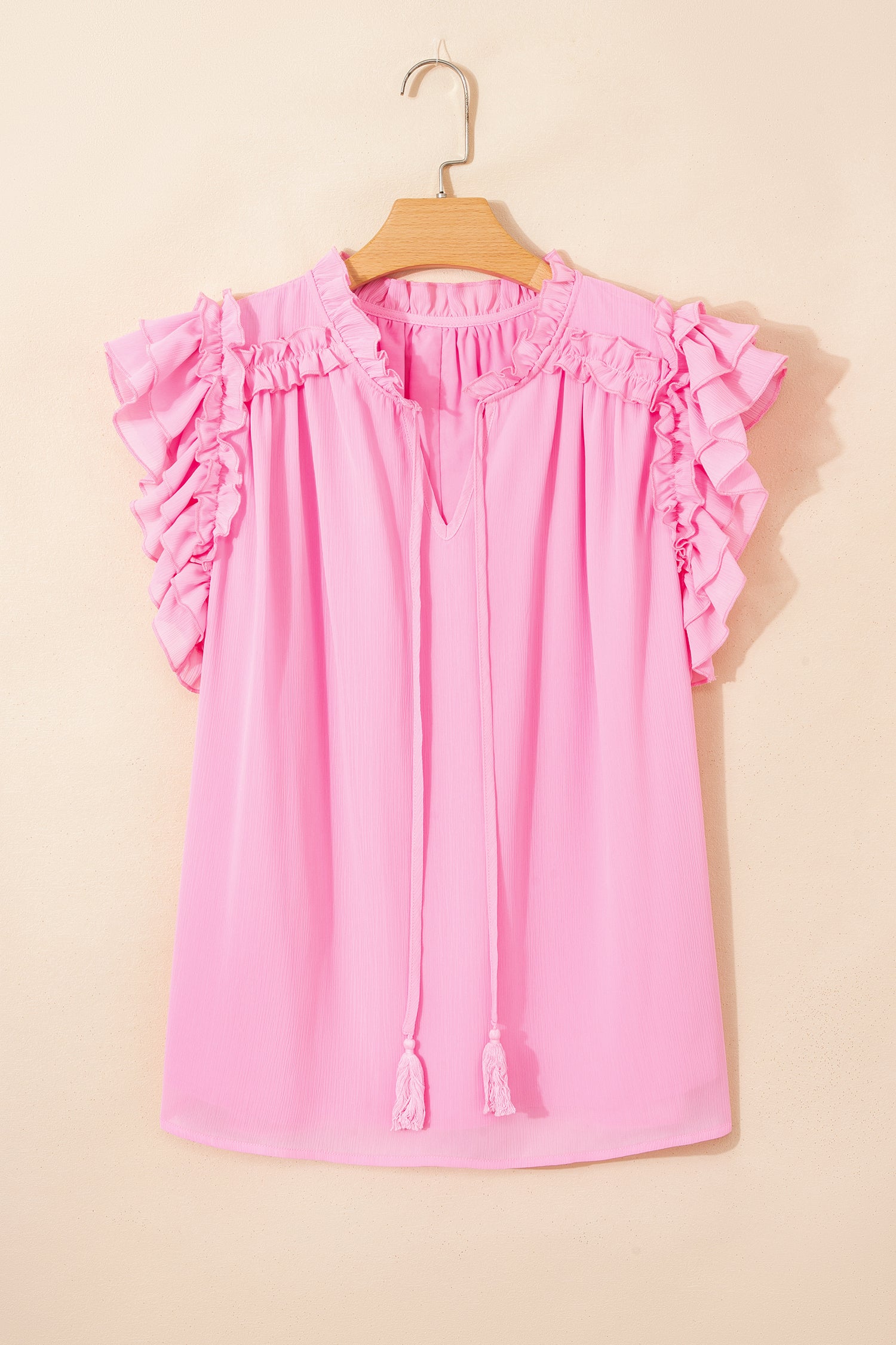 Bonbon Plus Size Textured Tassel Tie V Neck Ruffle Short Sleeve Blouse-Plus Size/Plus Size Tops/Plus Size Blouses & Shirts-[Adult]-[Female]-2022 Online Blue Zone Planet