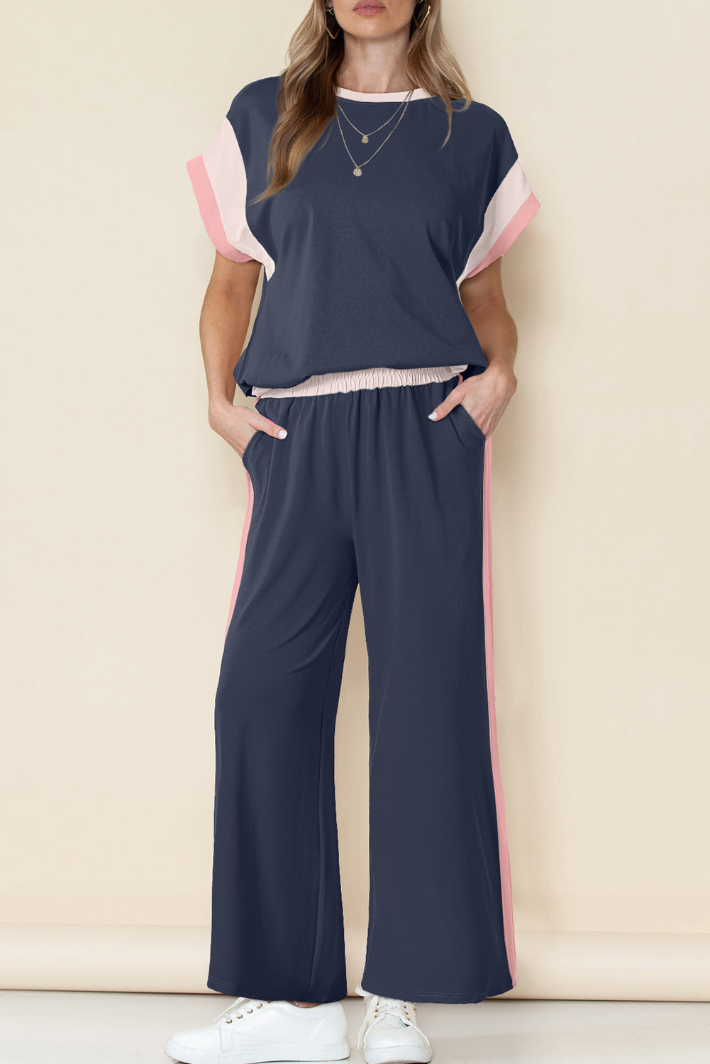 Navy Blue Color Block Detail Casual Two-piece Set-Two Piece Sets/Pant Sets-[Adult]-[Female]-Navy Blue-S-2022 Online Blue Zone Planet