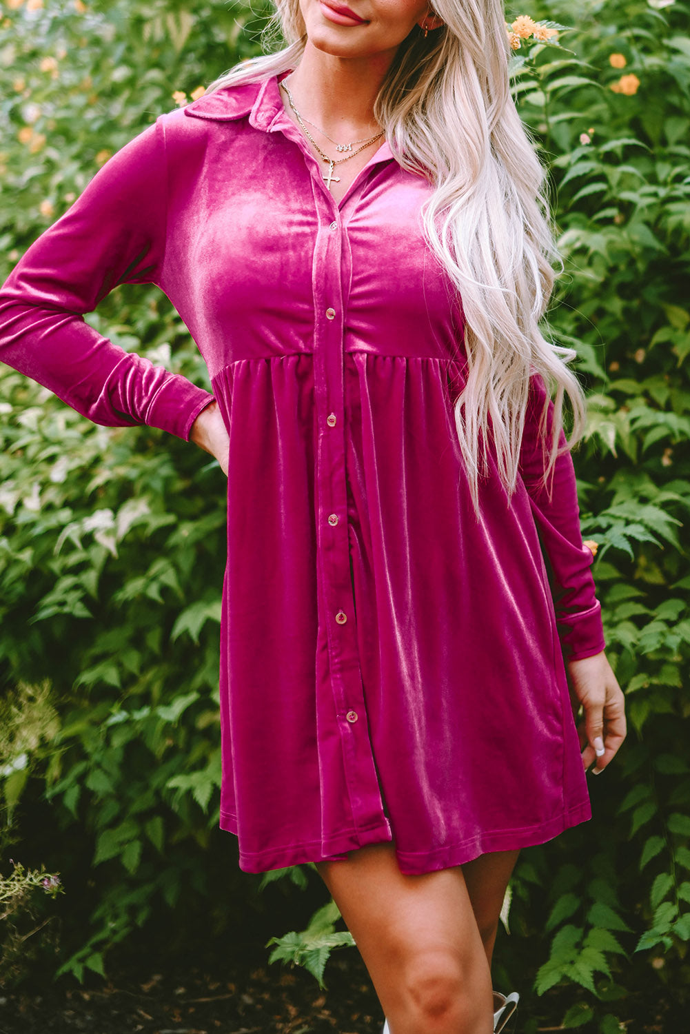 Rose Long Sleeve Ruffle Velvet Button Up Dress-Dresses/Mini Dresses-[Adult]-[Female]-2022 Online Blue Zone Planet