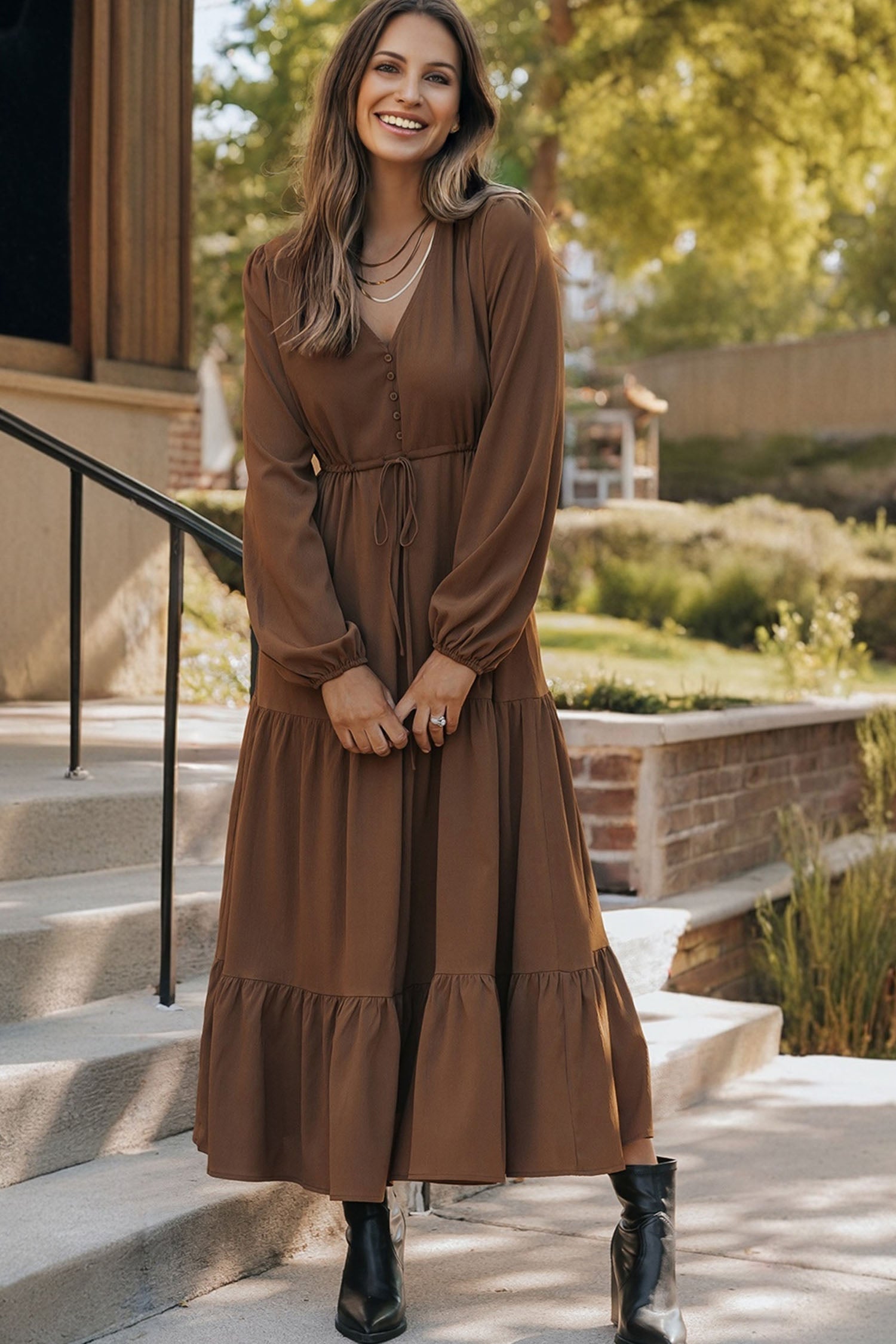 Chestnut Solid Long Sleeve Button V Neck Tiered Maxi Dress-Dresses/Maxi Dresses-[Adult]-[Female]-2022 Online Blue Zone Planet
