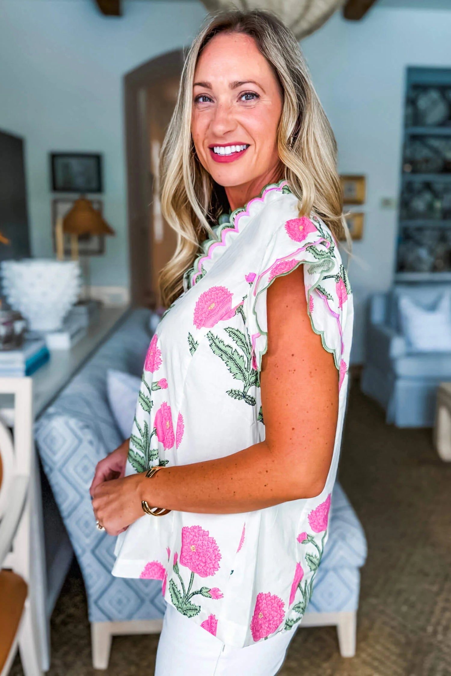 Pink Wild Flower Print Contrast Trim Scallop Detail Short Sleeve Blouse-Tops/Blouses & Shirts-[Adult]-[Female]-2022 Online Blue Zone Planet