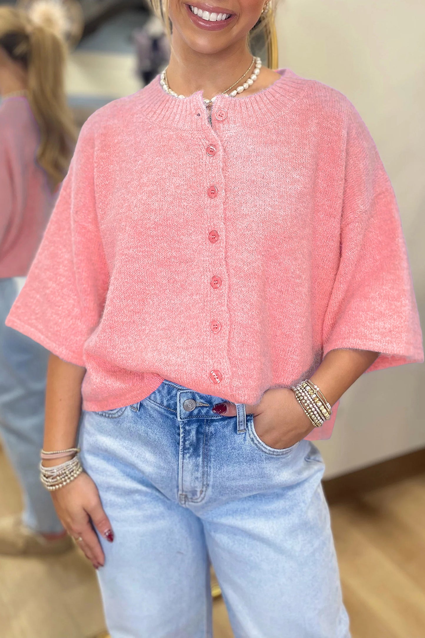 Peach Blossom 3/4 Sleeve Boxy Knit Button Down Sweater Cardigan-TOPS / DRESSES-[Adult]-[Female]-Peach Blossom-S-2022 Online Blue Zone Planet
