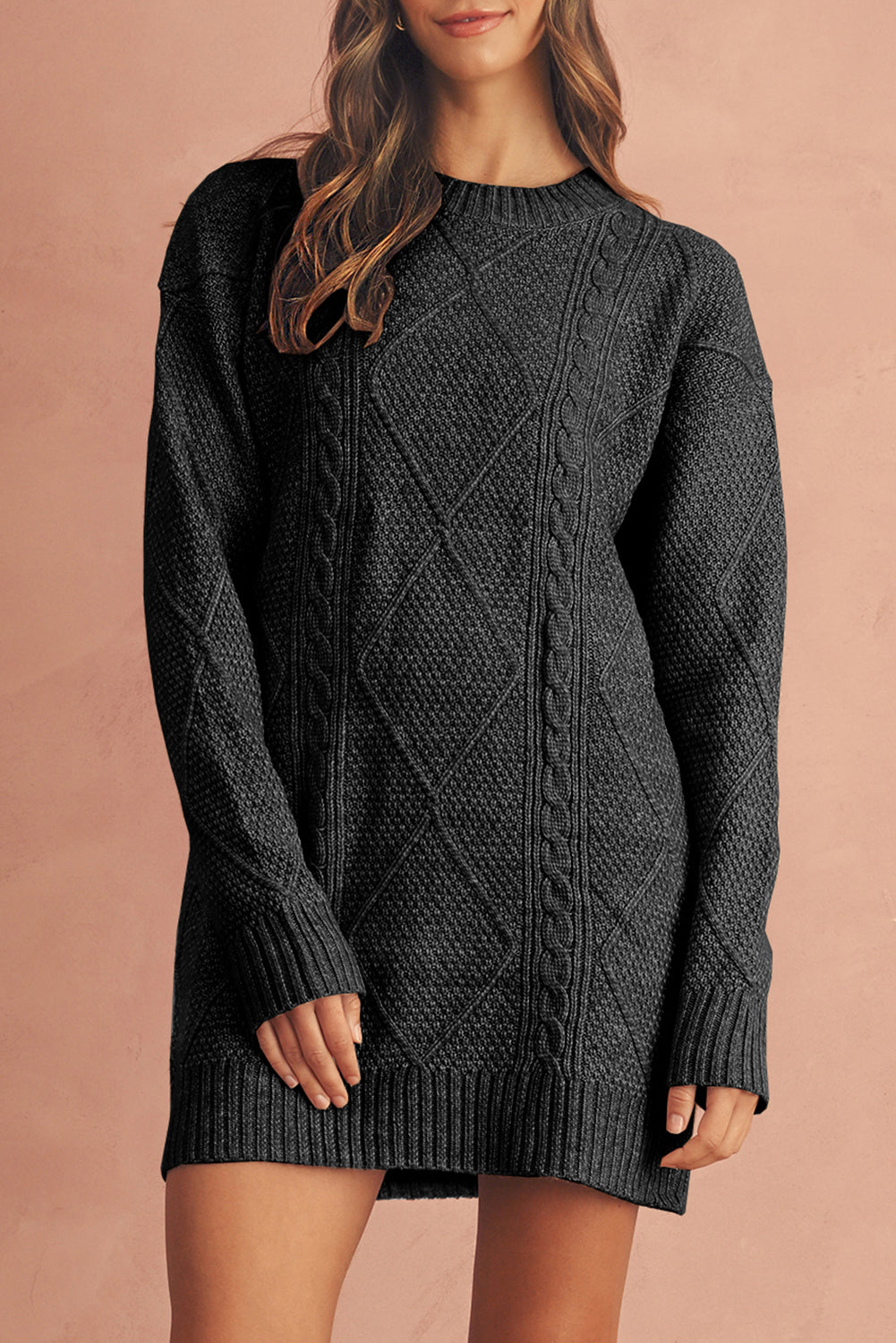 Black Twist Cable Knit Drop Shoulder Loose Fit Sweater Dress - Blue Coffee / S by Blue Zone Planet Black Twist Cable Knit Drop Shoulder Loose Fit Sweater Dress - Blue Coffee / S by Blue Zone Planet
