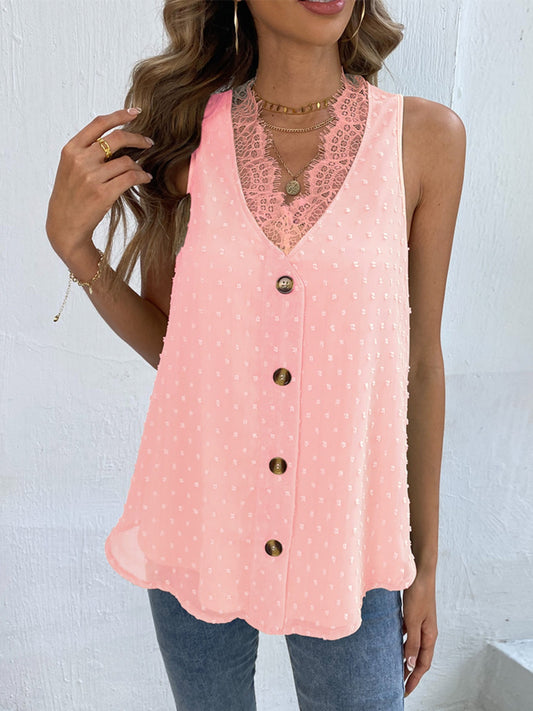 Shiny Swiss Dot Lace Detail V-Neck Tank-TOPS / DRESSES-[Adult]-[Female]-Coral-S-2022 Online Blue Zone Planet