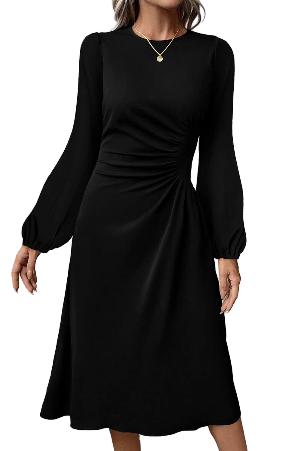 Fiery Red Solid Color Ruched Detail Long Sleeve Midi Dress