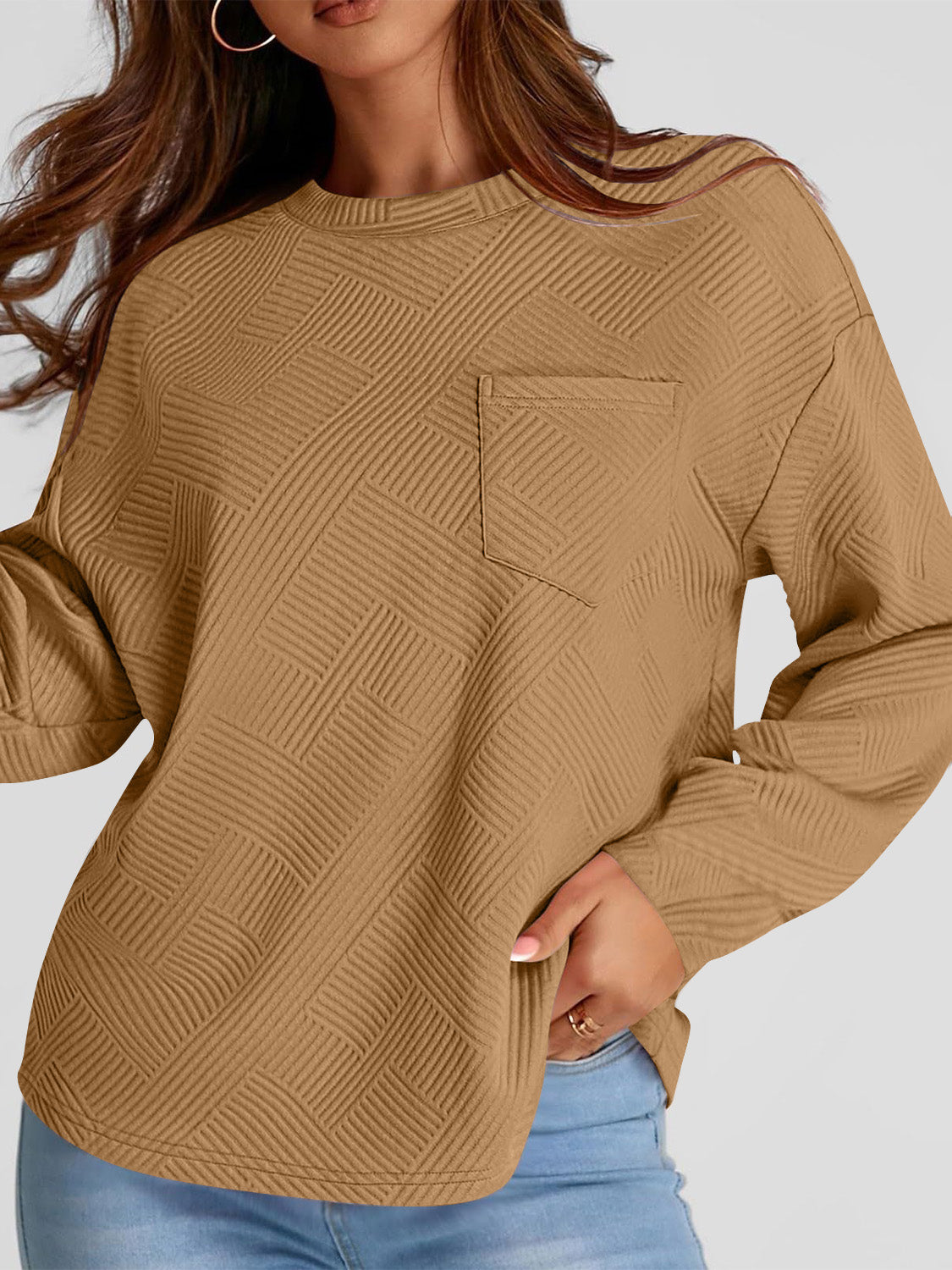 Full Size Texture Round Neck Long Sleeve Sweatshirt-TOPS / DRESSES-[Adult]-[Female]-2022 Online Blue Zone Planet