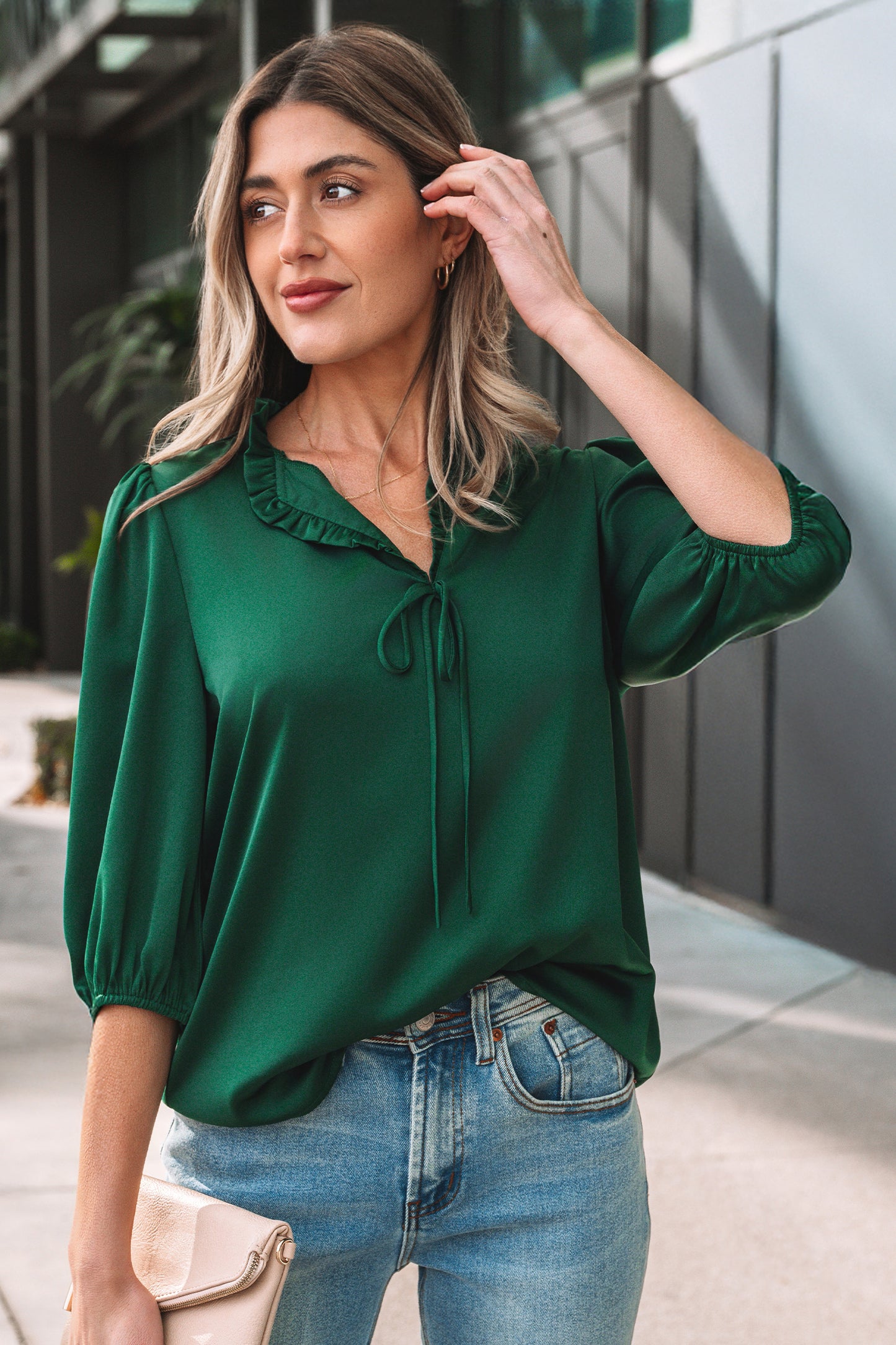 Fiery Red Solid Color Frilled V Neck Bow Detail 3/4 Sleeve Blouse-Tops/Blouses & Shirts-[Adult]-[Female]-2022 Online Blue Zone Planet
