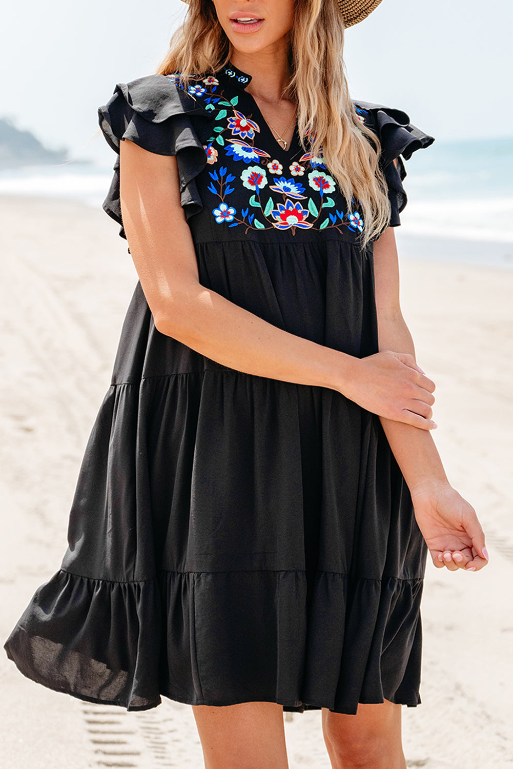 Black Floral Embroidered Tiered Ruffled Mini Dress Blue Zone Planet