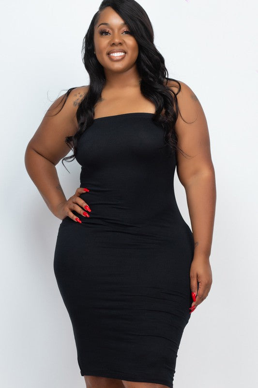 Plus Size Solid Strapless Tube Bodycon Midi Dress-[Adult]-[Female]-Black-1XL-2022 Online Blue Zone Planet