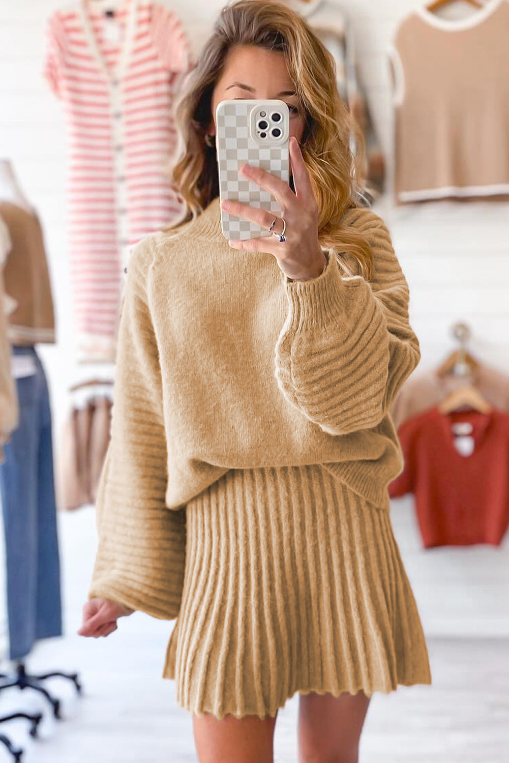 Smoke Gray High Neck Puff Sleeve Sweater Pleated Mini Skirt 2pcs Knitted Outfit-TOPS / DRESSES-[Adult]-[Female]-2022 Online Blue Zone Planet