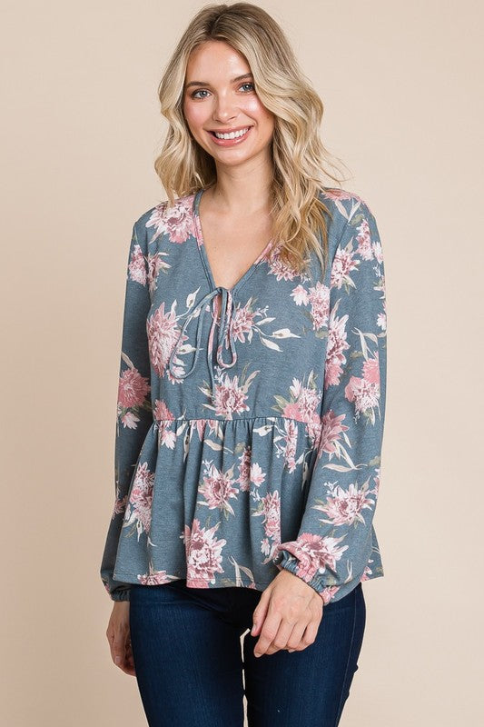 Blue Zone Planet | Super Lady Full Size Babydoll Floral Long Sleeve Blouse-TOPS / DRESSES-[Adult]-[Female]-2022 Online Blue Zone Planet